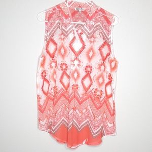 🌺 Mel & Mo Sleeveless Semi-Sheer V-Neck Coral & White Top Size Medium